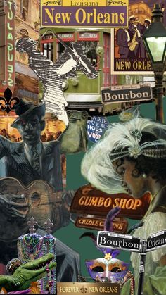 a collage of images from the new orleans bourbon bar and restaurant, including an image of a woman with white hair holding a guitar