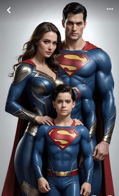 the man and woman are dressed up as superman and his son, who is standing behind them