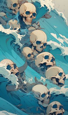 a bunch of skulls floating in the ocean with water splashing around them on their backs