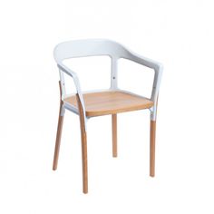 a white plastic chair with wooden seat and back