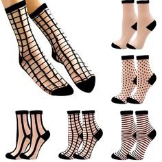 5 Pack Black And White Mesh Transparent Socks With Different Dots Stripes And Grid Patterns Soft And Comfortable * 50% Nylon & 50% Cotton * Foot Length 8-10” *Top To Heel: 4” Black Knee-high Nylon Socks, Black Mesh Socks For Summer, Black Mesh Hosiery For Summer, Trendy Black Hosiery For Spring, Black Mesh Socks For Spring, Spring Black Mesh Socks, Black Non-slip Socks, Black Mid-calf Socks For Spring, Black Casual Stockings For Spring