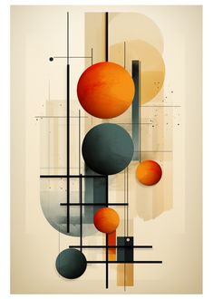 an abstract painting with oranges and black circles on it's sides, against a beige background