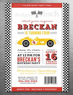 a race car birthday party card with the words,'racing is turning four '