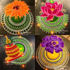 four colorful rangdi designs with flowers and fruits on the top, in different colors