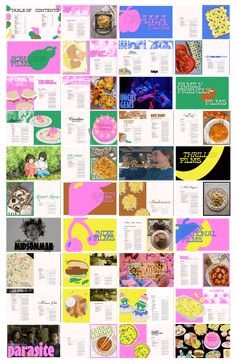 a collage of various images with different colors and designs on them, including food