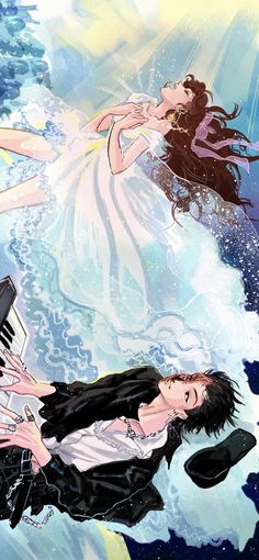 two people are floating in the water and one is holding a piano