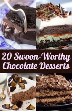 there are many desserts on the plate with words above them that say, 20 swoon - worthy chocolate desserts