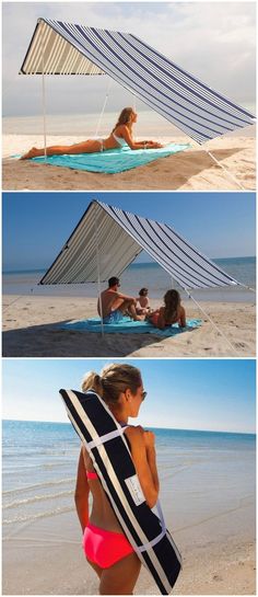 three different pictures of people on the beach, one with a surfboard and one without