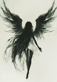 Girl with Long Black Hair and Spread Wings Sketch Angels With Black Wings, Strong Angel Tattoo, Dark Girly Tattoos, Angel With Wings Drawing, Abstract Wings Tattoo, Black Wings Drawing, Girl With Wings Drawing, Angel Fairy Tattoo, Demon Wings Aesthetic