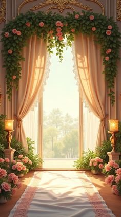 an open window with flowers and greenery on the outside, in front of a pink carpet