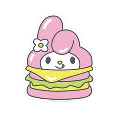 a pink and yellow sticker with an image of a cat on top of a hamburger