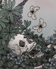 a drawing of a skull in the middle of flowers and butterflies flying over it's head