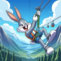 a cartoon bunny is on a zip line in the air with mountains and trees behind him