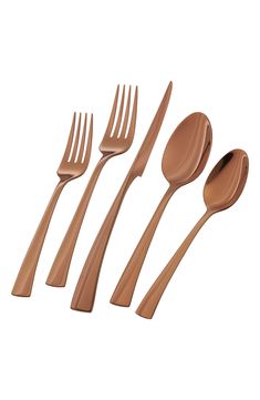 four forks, two spoons and one knife are shown in this image on a white background