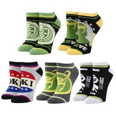 Step up your fashion game in these fun socks featuring colorful designs inspired by the hit Disney Plus series, Loki! The Disney Loki Series 5-Pair Pack comes with five different pairs of socks in an ankle length. Each pair features colorful original artwork. These awesome socks are made of a high-quality polyester-spandex blend for all-day comfort and long-lasting colors, and will fit several shoe sizes. The Disney Loki Series 5-Pair Pack makes a perfect gift for fans! Size: One Size.  Color: M Loki Helmet, Loki Tv, Marvel Loki, Loki Series, Art Socks, Comfy Socks, Disney Plus, No Show Socks, Cool Socks