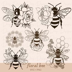 four honeybees and flowers with the words floral bee svg