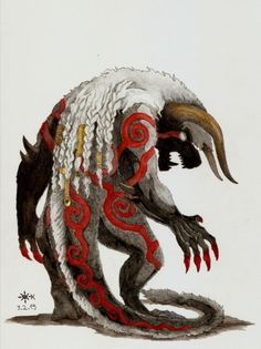 a drawing of a demon with red and white feathers