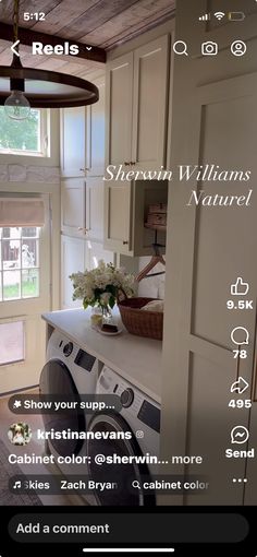 the app is showing an image of a laundry room with white cabinets and appliances in it