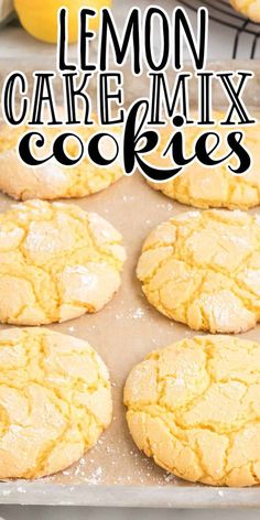 lemon cake mix cookies on a baking sheet with text overlay that reads, lemon cake mix cookies