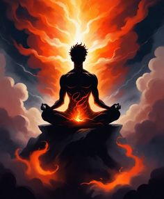 a man sitting in the middle of a cloud filled sky with flames coming out of his body