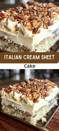 two pictures of a cake with white frosting and nuts on top