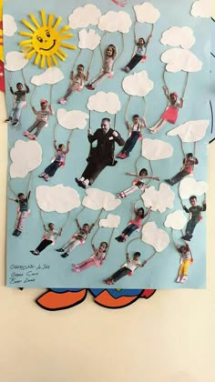 a collage of people flying through the air with clouds and sun above them on a blue background