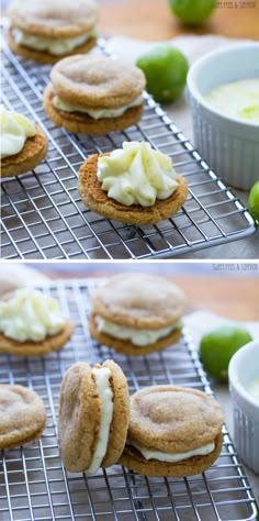 two pictures of cookies with icing and limes next to each other on a cooling rack