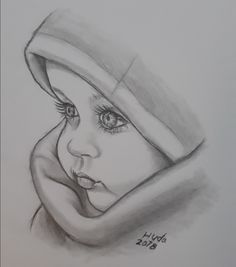 a pencil drawing of a woman's face with her head wrapped in a blanket