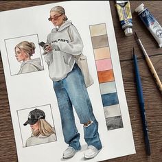 a watercolor drawing of a woman with her hair pulled back and wearing a baseball cap