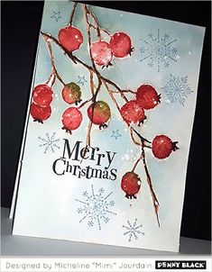 a merry christmas card with pomegranates and snowflakes on it