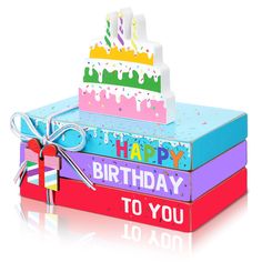 a birthday cake sitting on top of three boxes with the words happy birthday to you