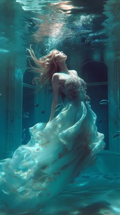 a woman in a white dress under water