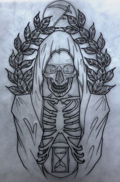 a drawing of a skeleton holding an hourglass in front of it's face