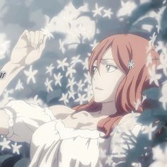 an anime character with long red hair and white dress in front of snowflakes