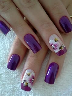 Nails Art Purple Nail Art Designs, Sweet Nails, Purple Nail Art, Purple Nail Designs, Flower Nail Designs, Her Nails, Flower Nail Art, Beautiful Nail Art, Floral Nails