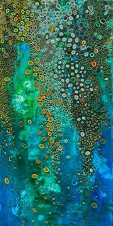 an abstract painting with blue, green and yellow circles on the bottom half of it