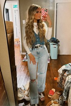 Logan Dad Jean curated on LTK 19 Year Old Style, Light Denim Vest Outfit, Western Denim On Denim Outfit, How To Wear A Jean Vest, Western Outfits With Jeans, Cold Weather Western Outfits Women, Western Denim Vest Outfit, Western Hairstylist Outfits, Western Vans Outfit