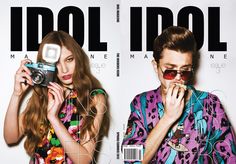 a man and woman standing next to each other on the cover of an issue of idol magazine