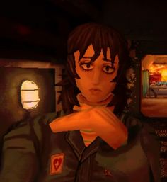 an animated image of a woman in a uniform with her hand on her chest and looking at the camera