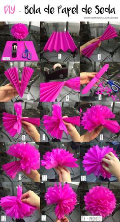 the instructions for how to make paper flowers with tissue pom poms and scissors