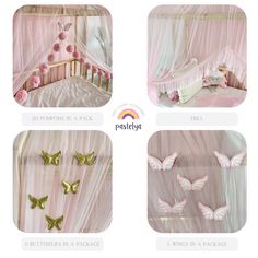 four different pictures of pink and gold butterflies in a baby's crib with netting