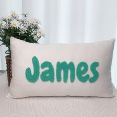 a white pillow with the word james on it next to a potted plant and flowers