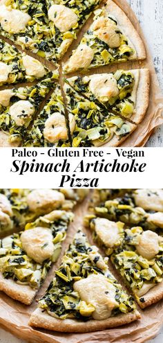 spinach and artichoke pizza on a wooden board with the text pale gluen free vegan spinach artiche pizza