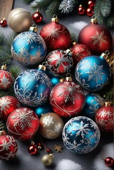 a pile of christmas ornaments sitting on top of a table