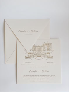 the wedding stationery is set on top of an envelope