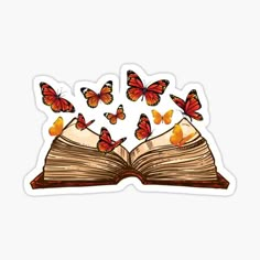 an open book with butterflies flying out of it sticker on the top of it