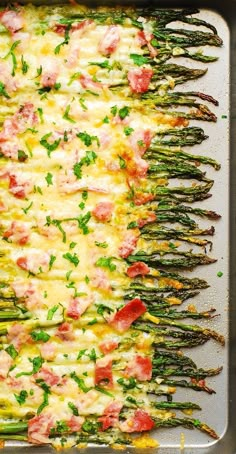 asparagus and ham casserole in a baking pan ready to go into the oven