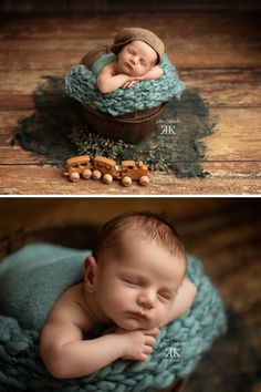 a baby sleeping in a basket with nuts on the floor and another photo taken from above