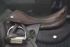 a close up of a horse's saddle and reins