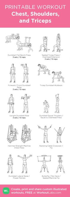 the printable workout chart shows how to do exercises for chest, shoulders and triceps